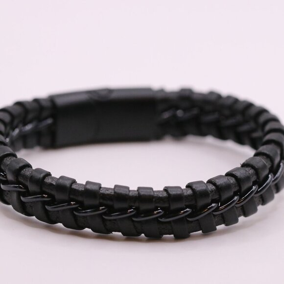 Men's Blk Stainless Steel Men's Bracelet with Braided Leather & Secure Clasp - Picture 1 of 4